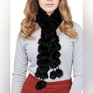 100% Black Rabbit Fur Pom Pom  Scarf, OS